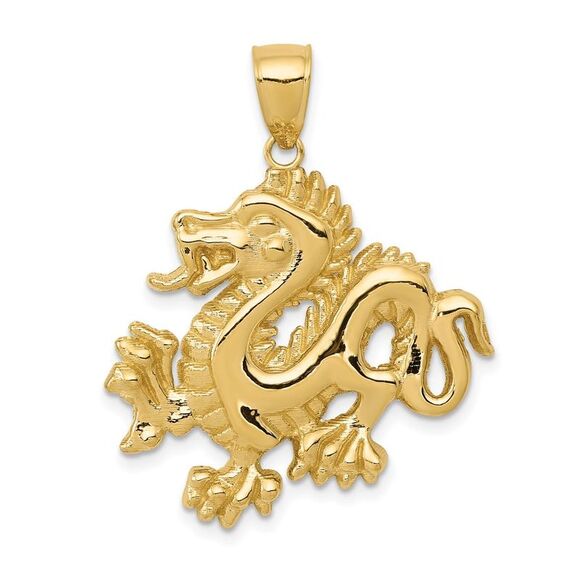 14k Yellow Gold 2D Dragon Pendant 25mm